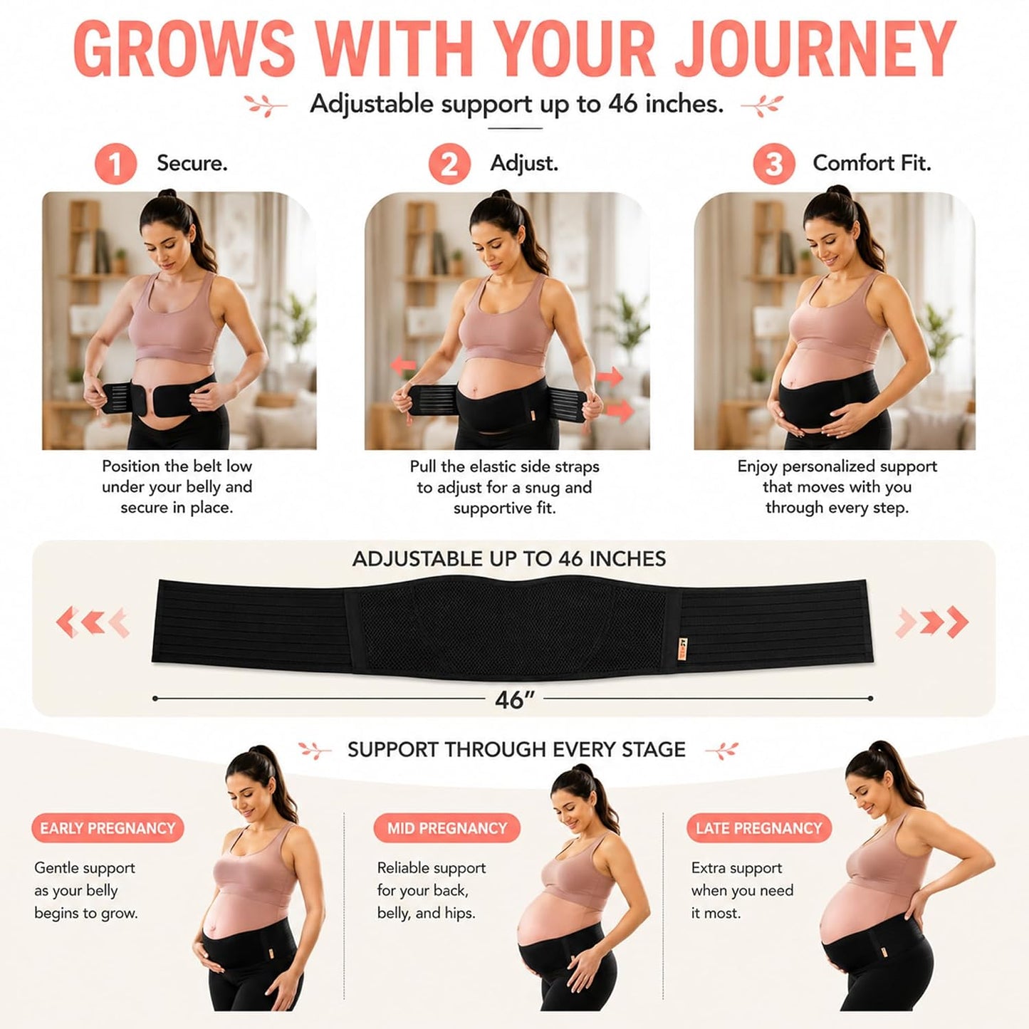 Maternity Belt Back Support - Adjustable Abdominal Binder for Pregnancy - Belly Band for Pelvic, Waist & Lower Back Comfort - Fits Up to 46 Inches - Beige