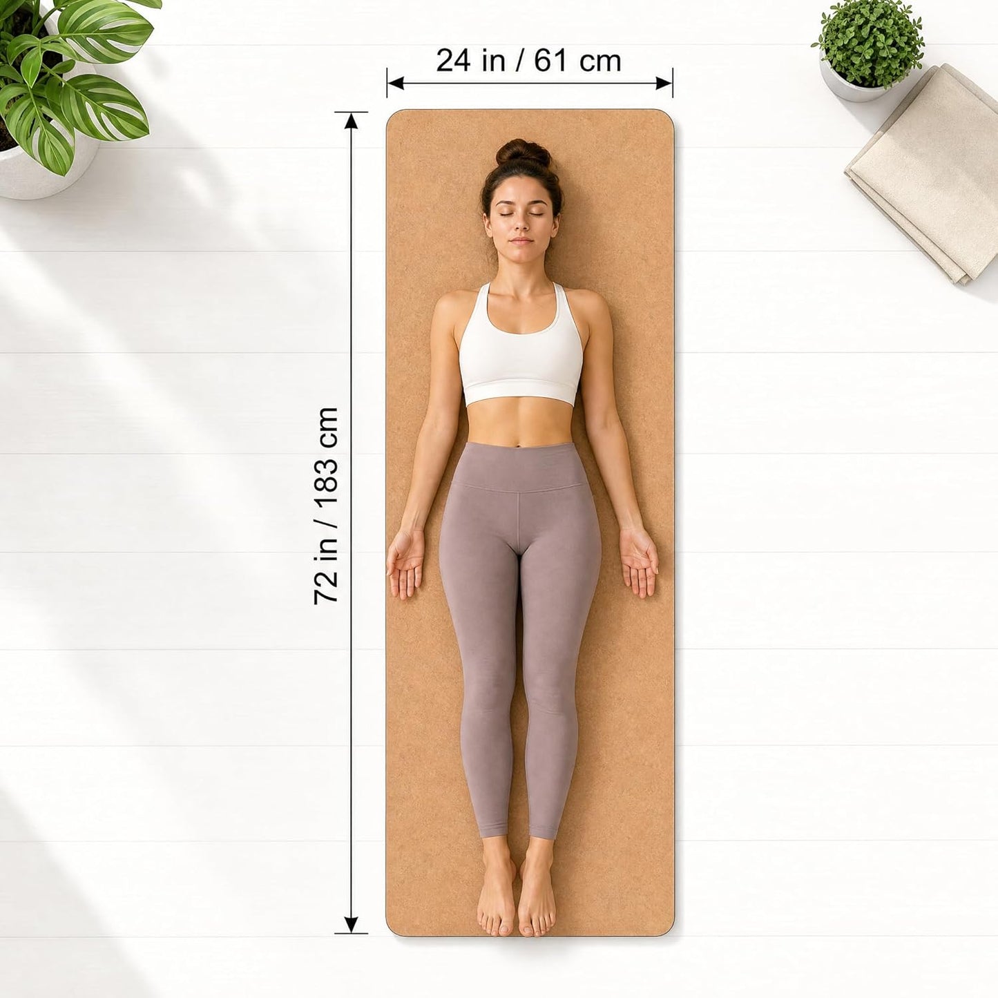 Cork Yoga Mat 6mm Extra Thick TPE Non-Slip Workout Mat with Alignment Lines for Hot Yoga and Home Gym