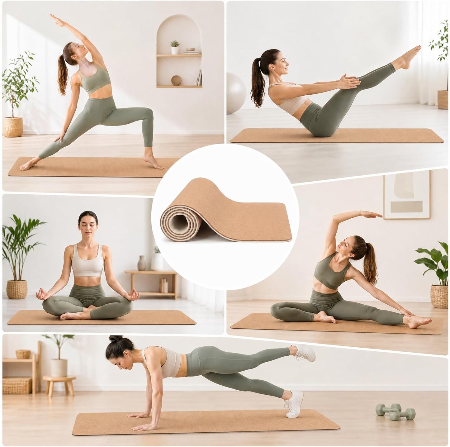 Cork Yoga Mat 6mm Extra Thick TPE Non-Slip Workout Mat with Alignment Lines for Hot Yoga and Home Gym