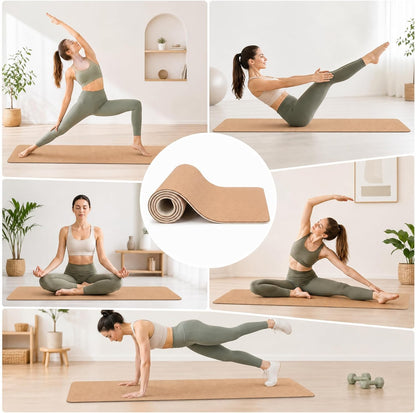 Cork Yoga Mat 6mm Extra Thick TPE Non-Slip Workout Mat with Alignment Lines for Hot Yoga and Home Gym