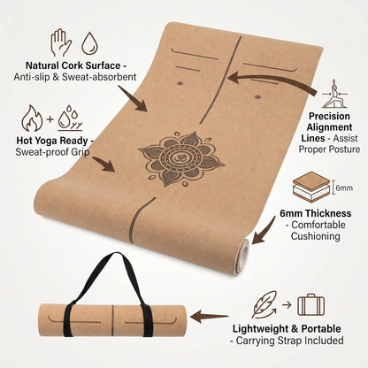 Cork Yoga Mat 6mm Extra Thick TPE Non-Slip Workout Mat with Alignment Lines for Hot Yoga and Home Gym