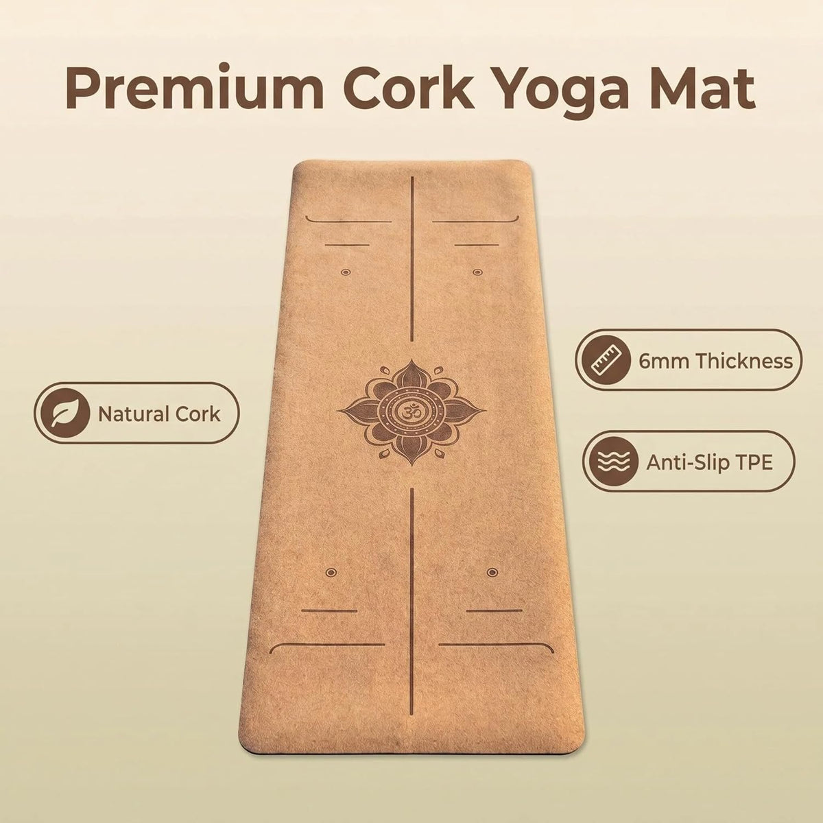 Cork Yoga Mat 6mm Extra Thick TPE Non-Slip Workout Mat with Alignment Lines for Hot Yoga and Home Gym