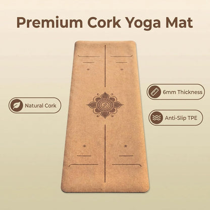 Cork Yoga Mat 6mm Extra Thick TPE Non-Slip Workout Mat with Alignment Lines for Hot Yoga and Home Gym