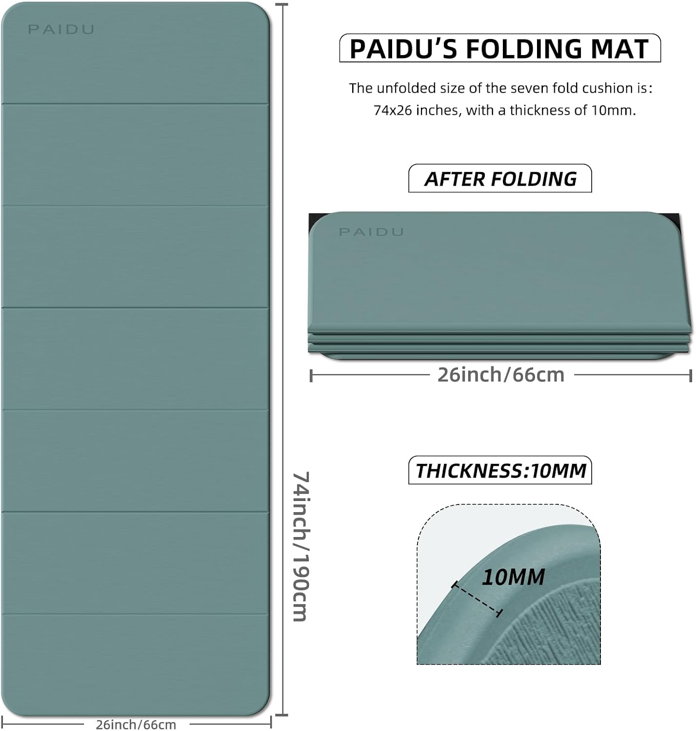 Foldable Fitness Yoga Mat | 2/5" (10MM) Extra Thick | SGS Certified Non-Slip TPE | 75x26" Extra Long-Wide | Portable & Easy Store | for Yoga, Pilates, Home Gym & Full-Body Workouts