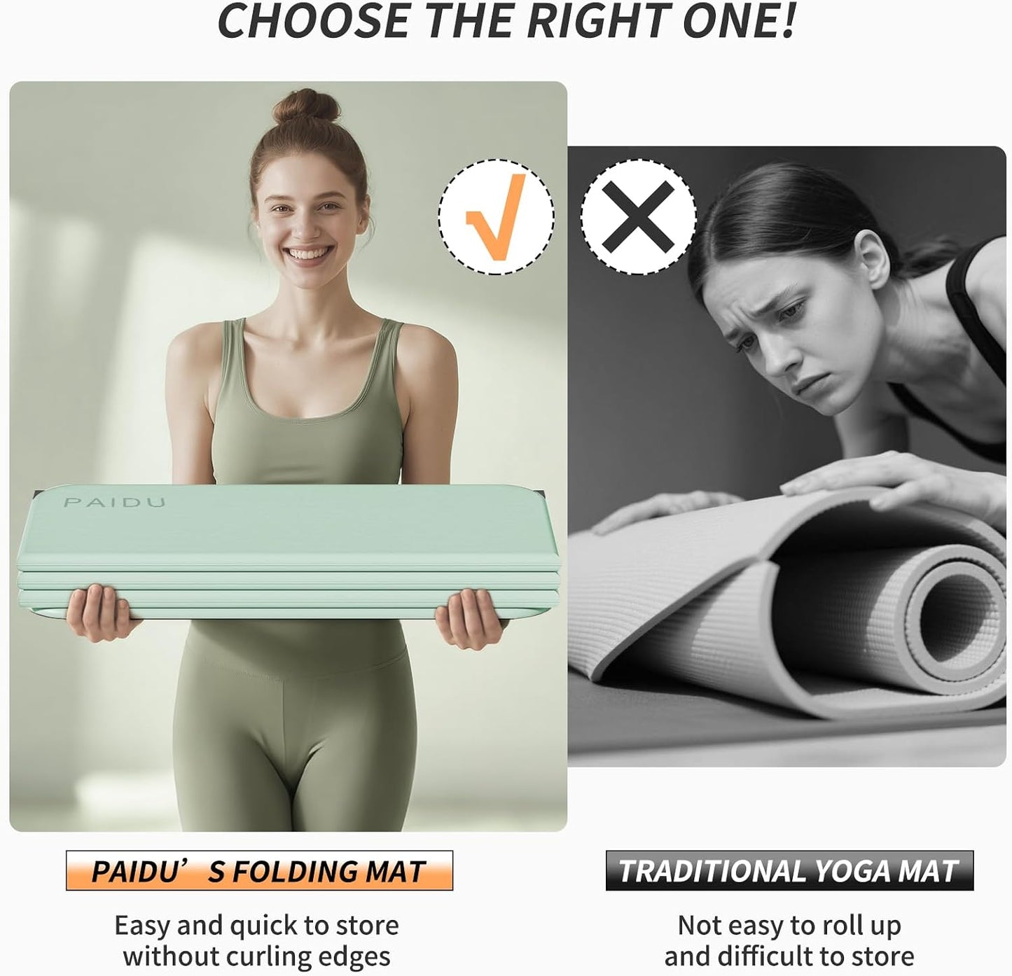 Foldable Fitness Yoga Mat | 2/5" (10MM) Extra Thick | SGS Certified Non-Slip TPE | 75x26" Extra Long-Wide | Portable & Easy Store | for Yoga, Pilates, Home Gym & Full-Body Workouts