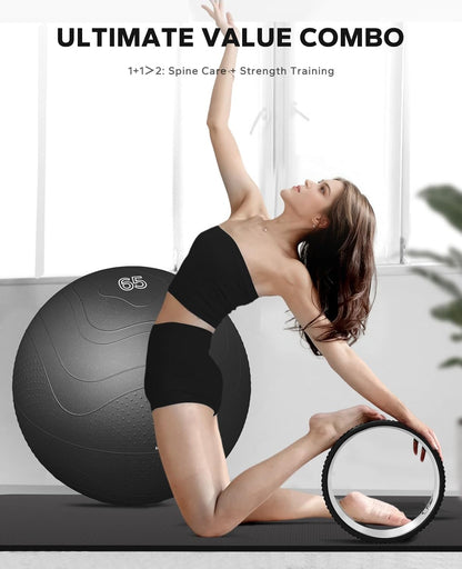 HAPBEAR Yoga Wheel Set with Exercise Ball, 12'' Back Roller Wheel for Back Pain Relief, Foam Roller for Back Stretching, Physical Therapy & Muscle Massage
