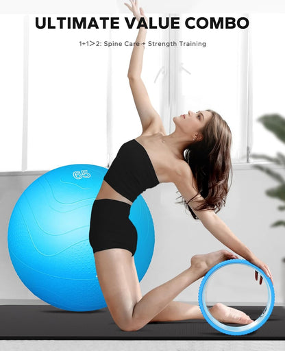 HAPBEAR Yoga Wheel Set with Exercise Ball, 12'' Back Roller Wheel for Back Pain Relief, Foam Roller for Back Stretching, Physical Therapy & Muscle Massage
