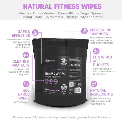 Gym Wipes - Natural Fitness Equipment Wipes, EWG Verified, Plant-Based Cloth with Lavender & Vinegar, All-Purpose Cleaner - Safe on Peloton Bikes & Yoga Mats, 400 Count