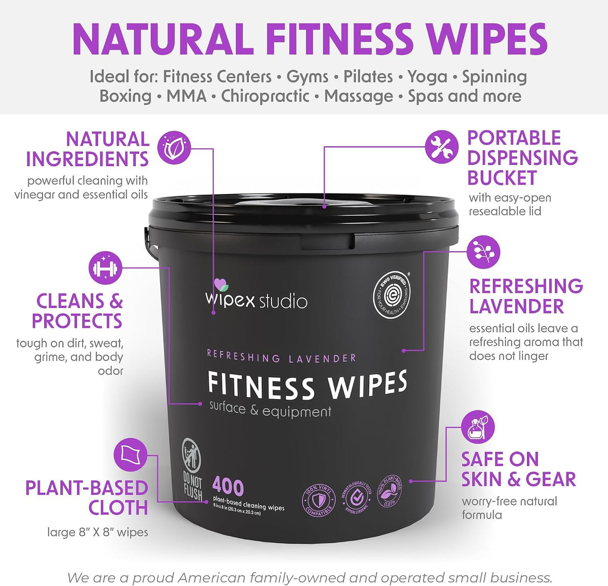 Gym Wipes - Natural Fitness Equipment Wipes, EWG Verified, Plant-Based Cloth with Lavender & Vinegar, All-Purpose Cleaner - Safe on Peloton Bikes & Yoga Mats, 400 Count