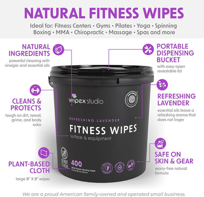 Gym Wipes - Natural Fitness Equipment Wipes, EWG Verified, Plant-Based Cloth with Lavender & Vinegar, All-Purpose Cleaner - Safe on Peloton Bikes & Yoga Mats, 400 Count