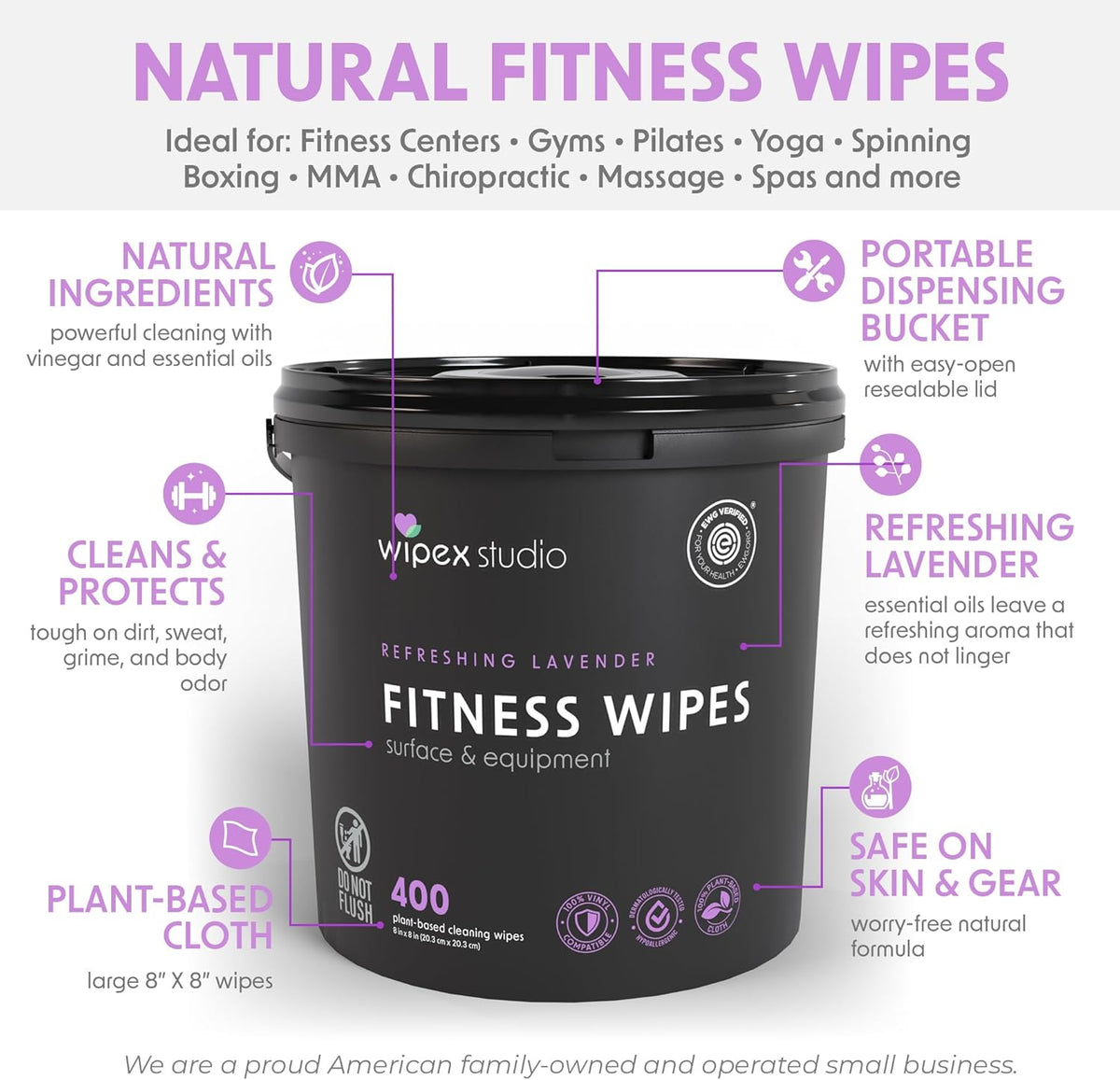 Gym Wipes - Natural Fitness Equipment Wipes, EWG Verified, Plant-Based Cloth with Lavender & Vinegar, All-Purpose Cleaner - Safe on Peloton Bikes & Yoga Mats, 400 Count