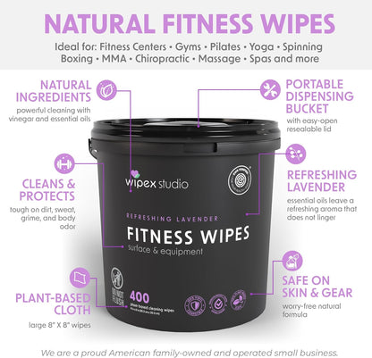 Gym Wipes - Natural Fitness Equipment Wipes, EWG Verified, Plant-Based Cloth with Lavender & Vinegar, All-Purpose Cleaner - Safe on Peloton Bikes & Yoga Mats, 400 Count