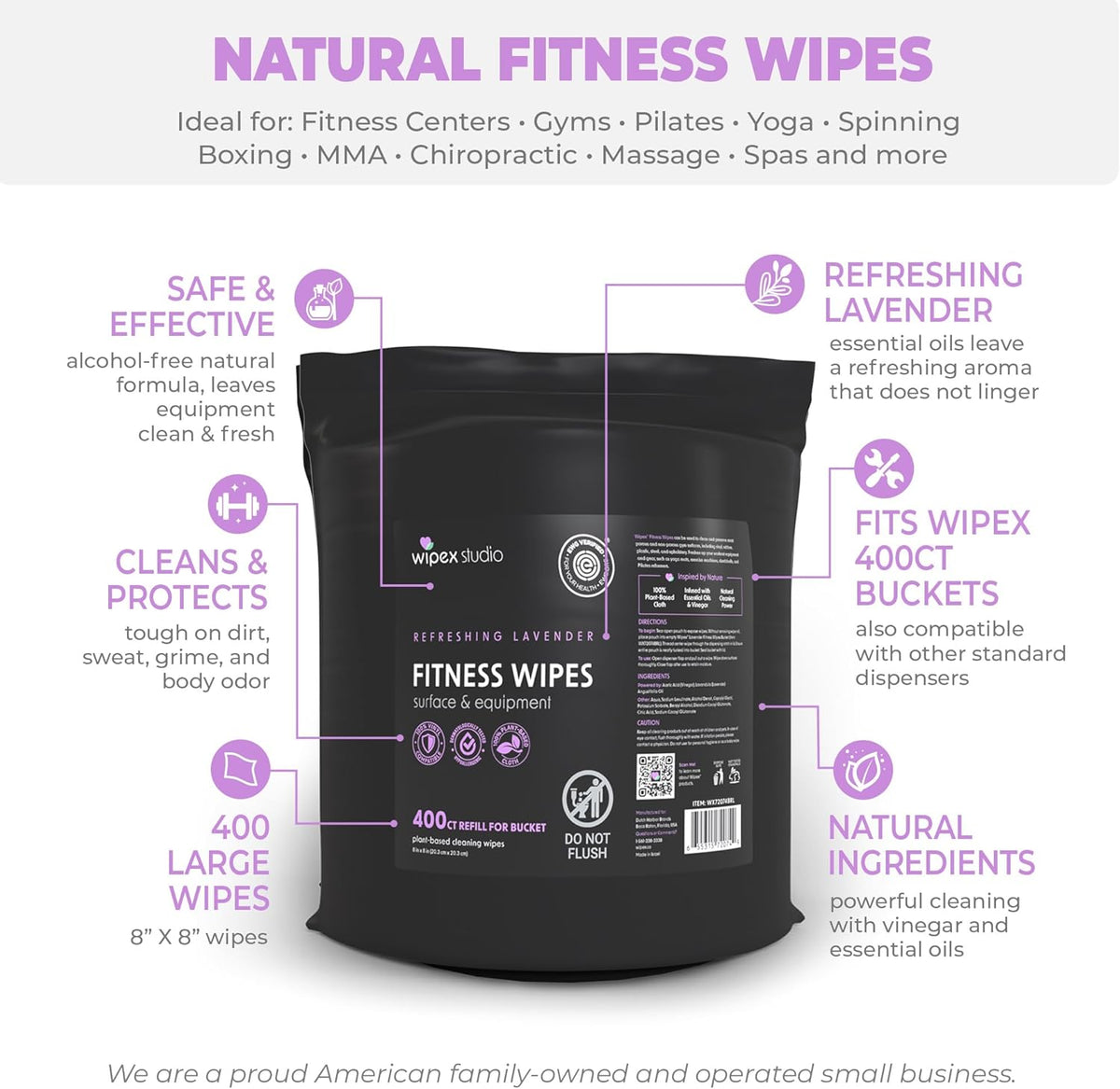 Gym Wipes - Natural Fitness Equipment Wipes, EWG Verified, Plant-Based Cloth with Lavender & Vinegar, All-Purpose Cleaner - Safe on Peloton Bikes & Yoga Mats, 400 Count