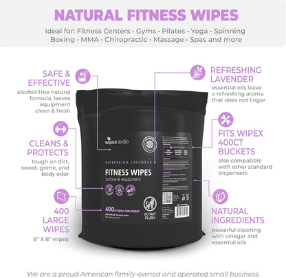 Gym Wipes - Natural Fitness Equipment Wipes, EWG Verified, Plant-Based Cloth with Lavender & Vinegar, All-Purpose Cleaner - Safe on Peloton Bikes & Yoga Mats, 400 Count