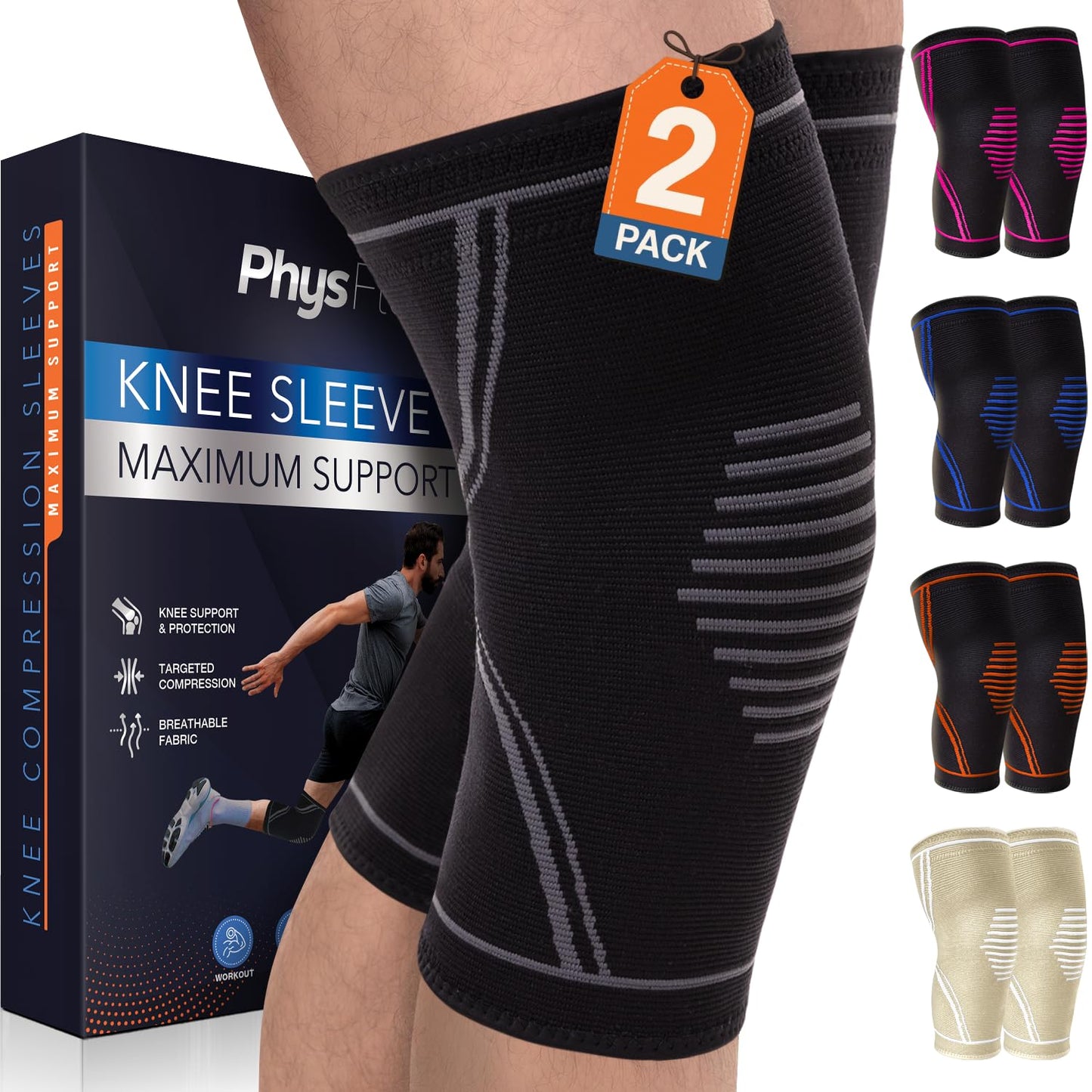 Knee Brace for Pain Relief - Knee Compression Sleeves for Men and Women - Support for Weightlifting, Gym, Workout, Volleyball, Arthritis (M, Black)