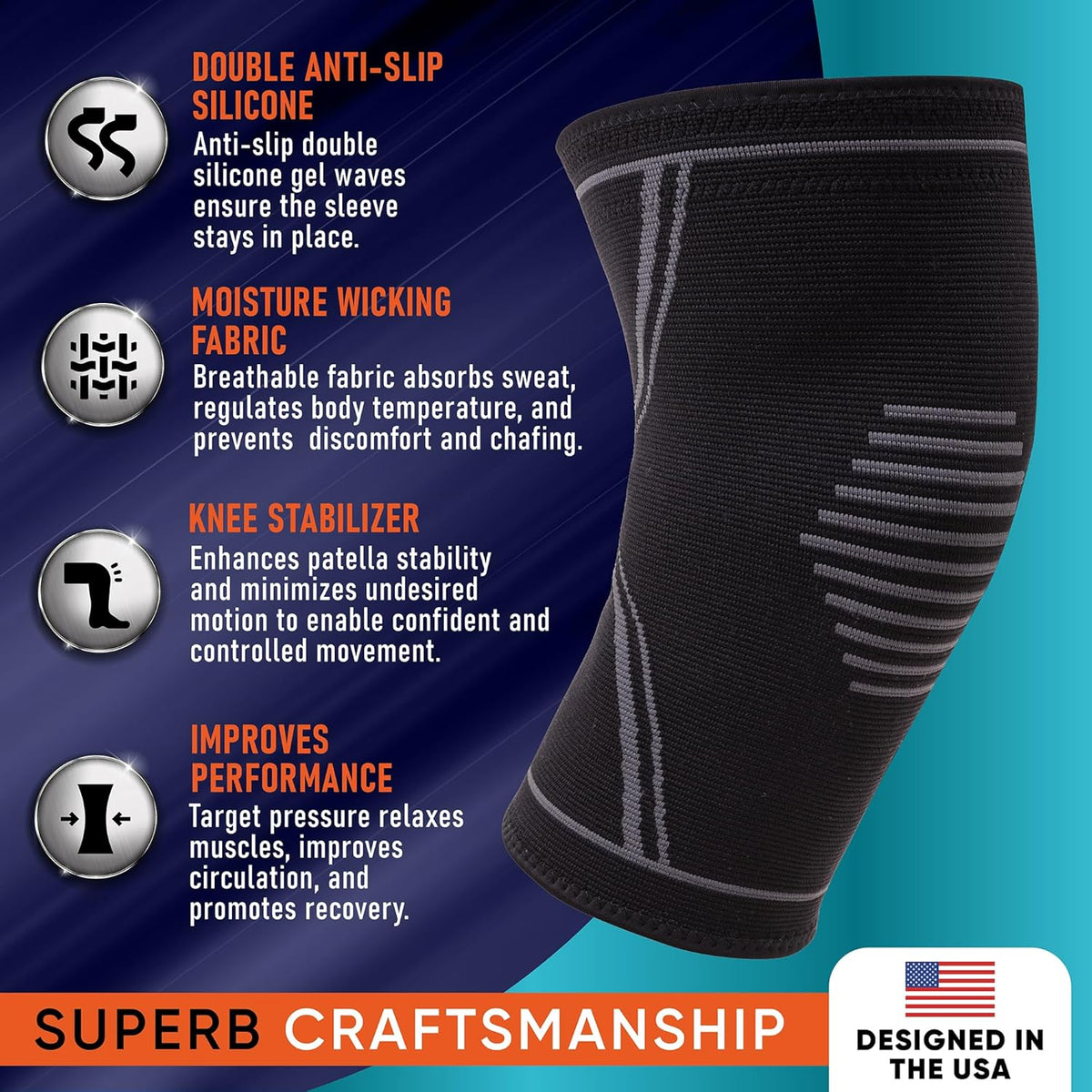 Knee Brace for Pain Relief - Knee Compression Sleeves for Men and Women - Support for Weightlifting, Gym, Workout, Volleyball, Arthritis (M, Black)