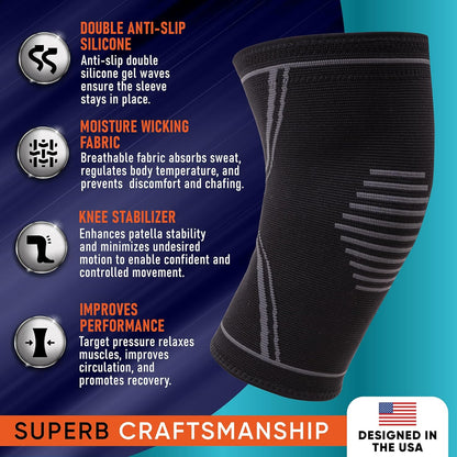 Knee Brace for Pain Relief - Knee Compression Sleeves for Men and Women - Support for Weightlifting, Gym, Workout, Volleyball, Arthritis (M, Black)