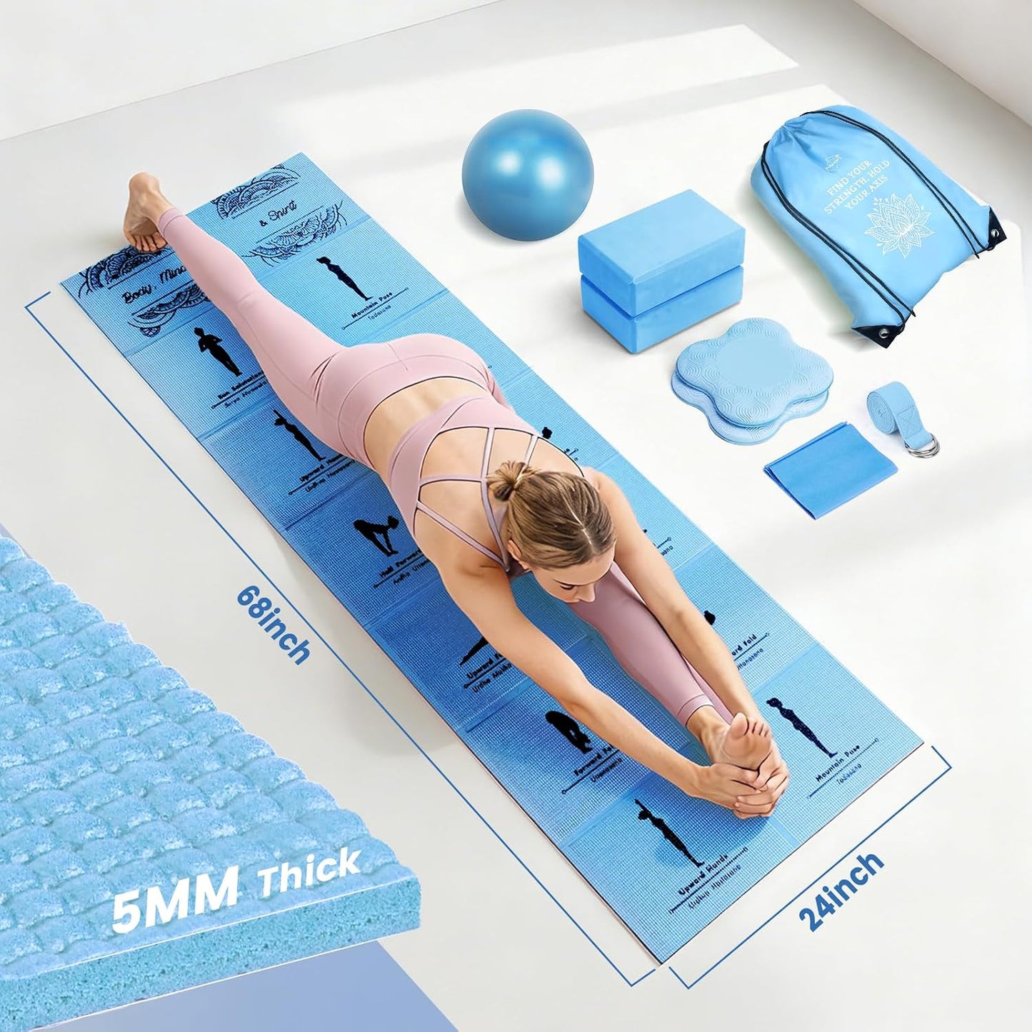 Foldable Yoga Mat and Blocks Set for Women with 2 Pack Yoga Blocks and Strap,Thin Non Slip Pilates Mat with Bag, Home Workout Equipment Essentials Starter Kit for Beginners Full Body Toning