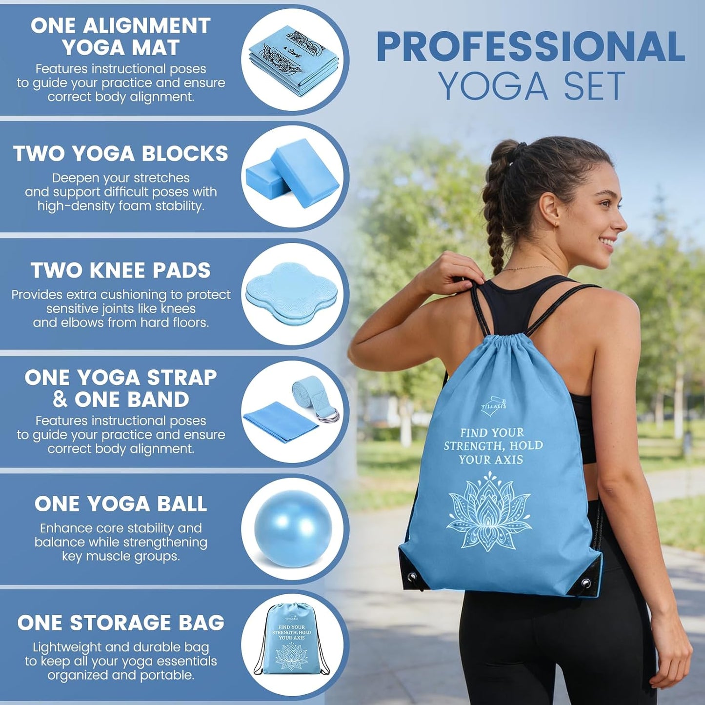 Foldable Yoga Mat and Blocks Set for Women with 2 Pack Yoga Blocks and Strap,Thin Non Slip Pilates Mat with Bag, Home Workout Equipment Essentials Starter Kit for Beginners Full Body Toning