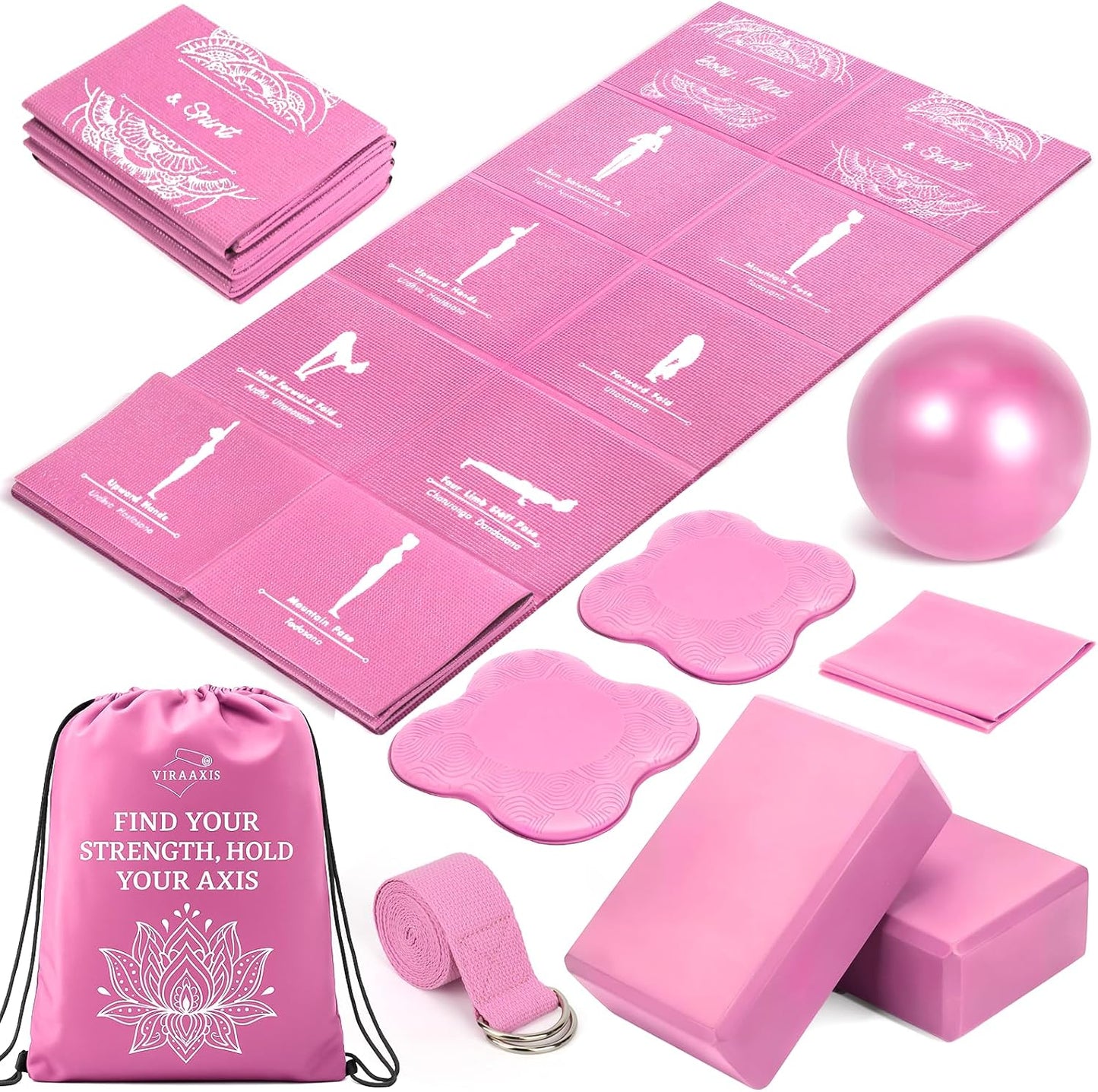 Foldable Yoga Mat and Blocks Set for Women with 2 Pack Yoga Blocks and Strap,Thin Non Slip Pilates Mat with Bag, Home Workout Equipment Essentials Starter Kit for Beginners Full Body Toning