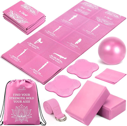 Foldable Yoga Mat and Blocks Set for Women with 2 Pack Yoga Blocks and Strap,Thin Non Slip Pilates Mat with Bag, Home Workout Equipment Essentials Starter Kit for Beginners Full Body Toning