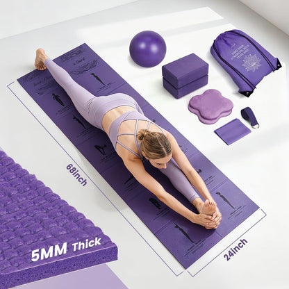 Foldable Yoga Mat and Blocks Set for Women with 2 Pack Yoga Blocks and Strap,Thin Non Slip Pilates Mat with Bag, Home Workout Equipment Essentials Starter Kit for Beginners Full Body Toning