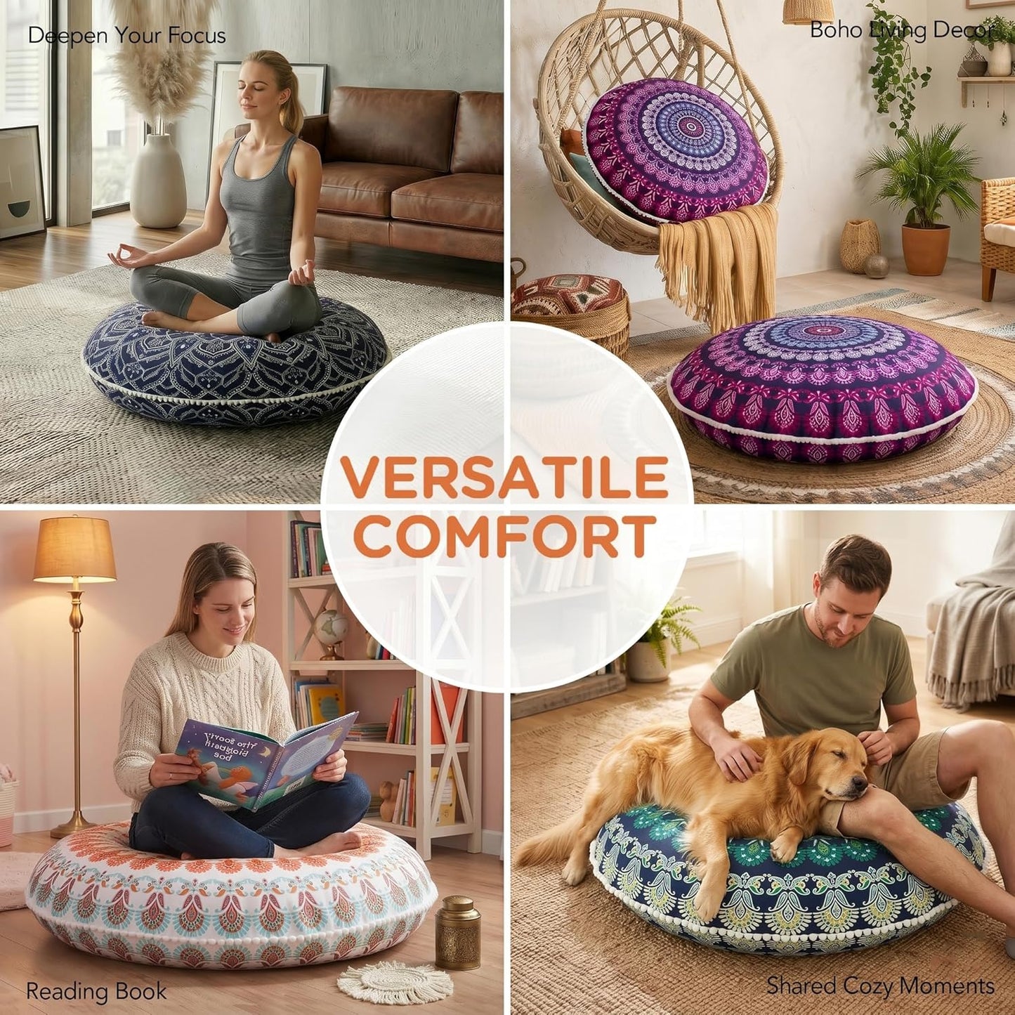 Meditation Floor Pillow Set of 2, Round Large Pillows Seating for Adults, Bohemian Mandala Circle Cushion for Outdoor Fireplace Yoga Living Room, 32 Inch, Memory Foam Added, Purple Orchid NEW