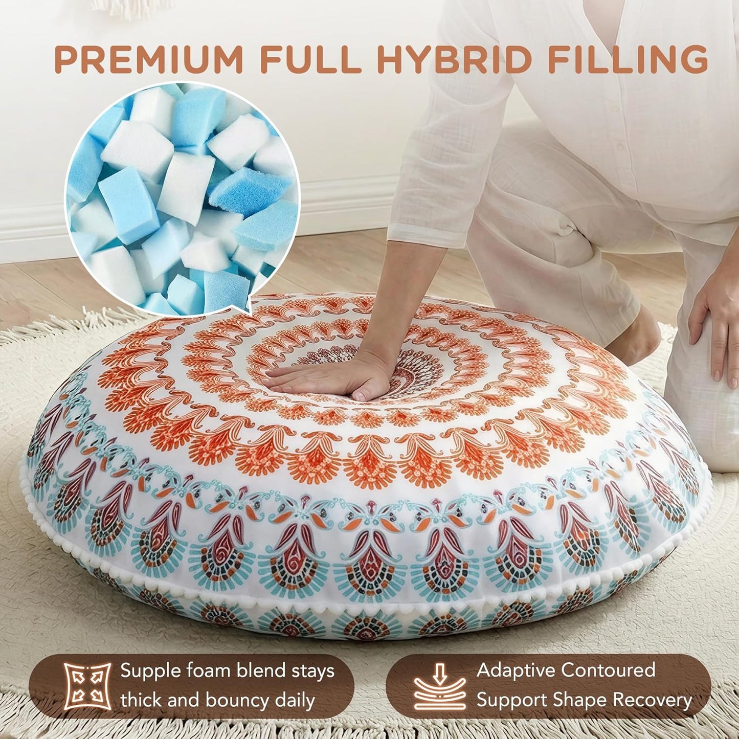 Meditation Floor Pillow Set of 2, Round Large Pillows Seating for Adults, Bohemian Mandala Circle Cushion for Outdoor Fireplace Yoga Living Room, 32 Inch, Memory Foam Added, Purple Orchid NEW