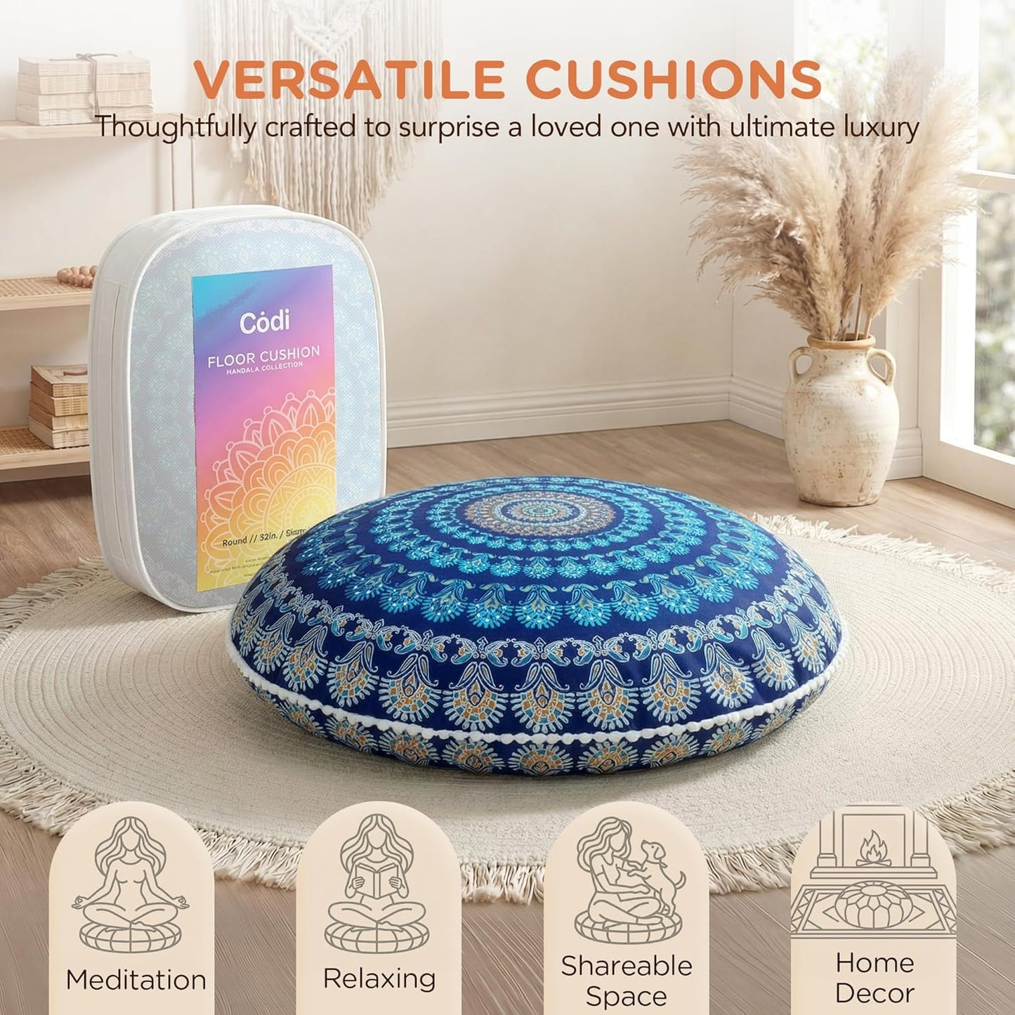 Meditation Floor Pillow Set of 2, Round Large Pillows Seating for Adults, Bohemian Mandala Circle Cushion for Outdoor Fireplace Yoga Living Room, 32 Inch, Memory Foam Added, Purple Orchid NEW