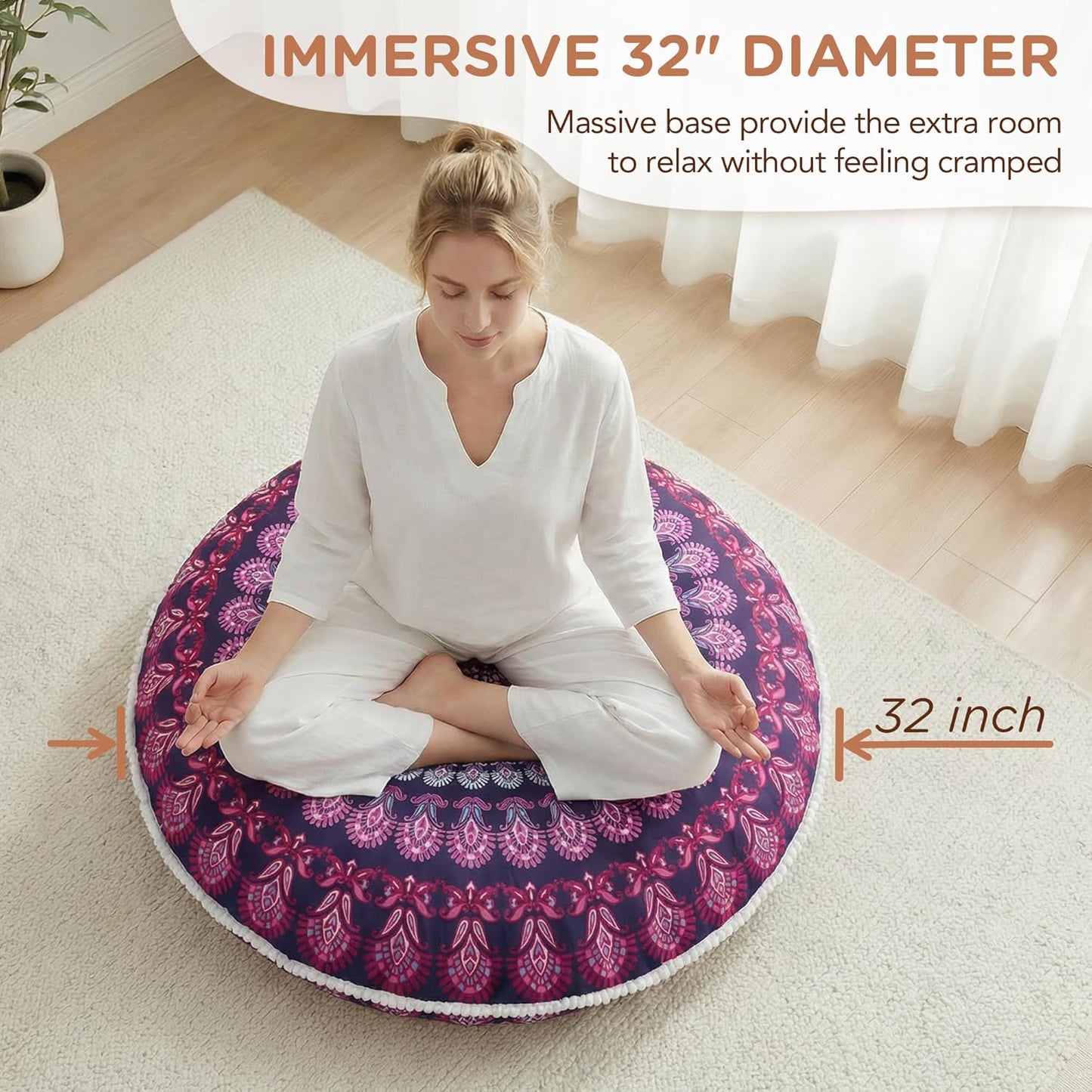 Meditation Floor Pillow Set of 2, Round Large Pillows Seating for Adults, Bohemian Mandala Circle Cushion for Outdoor Fireplace Yoga Living Room, 32 Inch, Memory Foam Added, Purple Orchid NEW