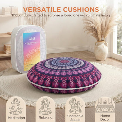 Meditation Floor Pillow Set of 2, Round Large Pillows Seating for Adults, Bohemian Mandala Circle Cushion for Outdoor Fireplace Yoga Living Room, 32 Inch, Memory Foam Added, Purple Orchid NEW