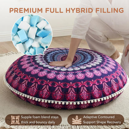 Meditation Floor Pillow Set of 2, Round Large Pillows Seating for Adults, Bohemian Mandala Circle Cushion for Outdoor Fireplace Yoga Living Room, 32 Inch, Memory Foam Added, Purple Orchid NEW