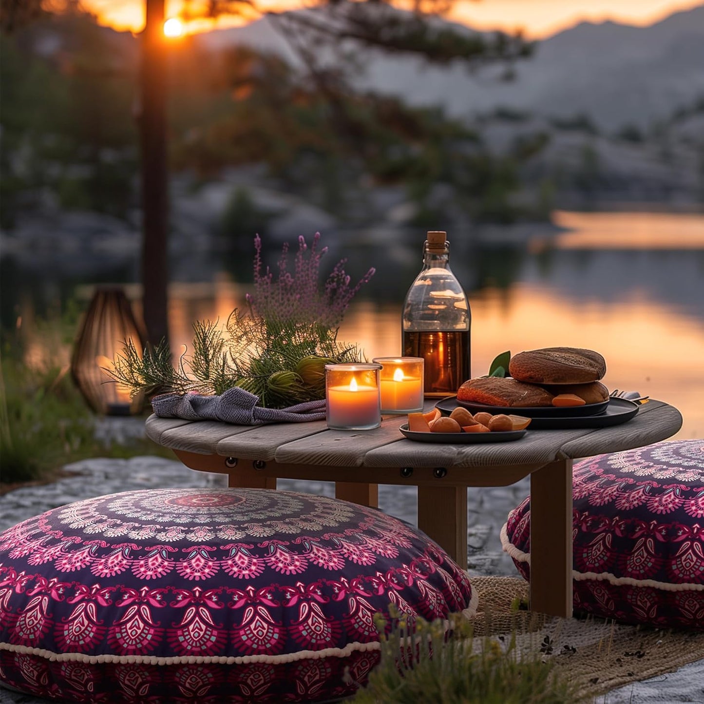 Meditation Floor Pillow Set of 2, Round Large Pillows Seating for Adults, Bohemian Mandala Circle Cushion for Outdoor Fireplace Yoga Living Room, 32 Inch, Memory Foam Added, Purple Orchid NEW