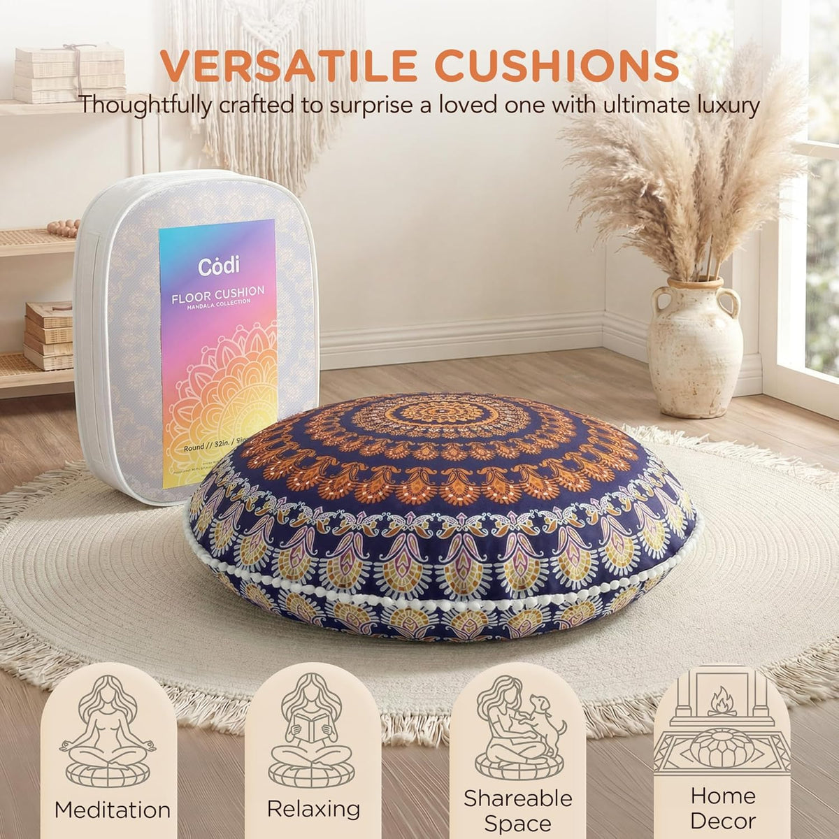 Meditation Floor Pillow Set of 2, Round Large Pillows Seating for Adults, Bohemian Mandala Circle Cushion for Outdoor Fireplace Yoga Living Room, 32 Inch, Memory Foam Added, Purple Orchid NEW