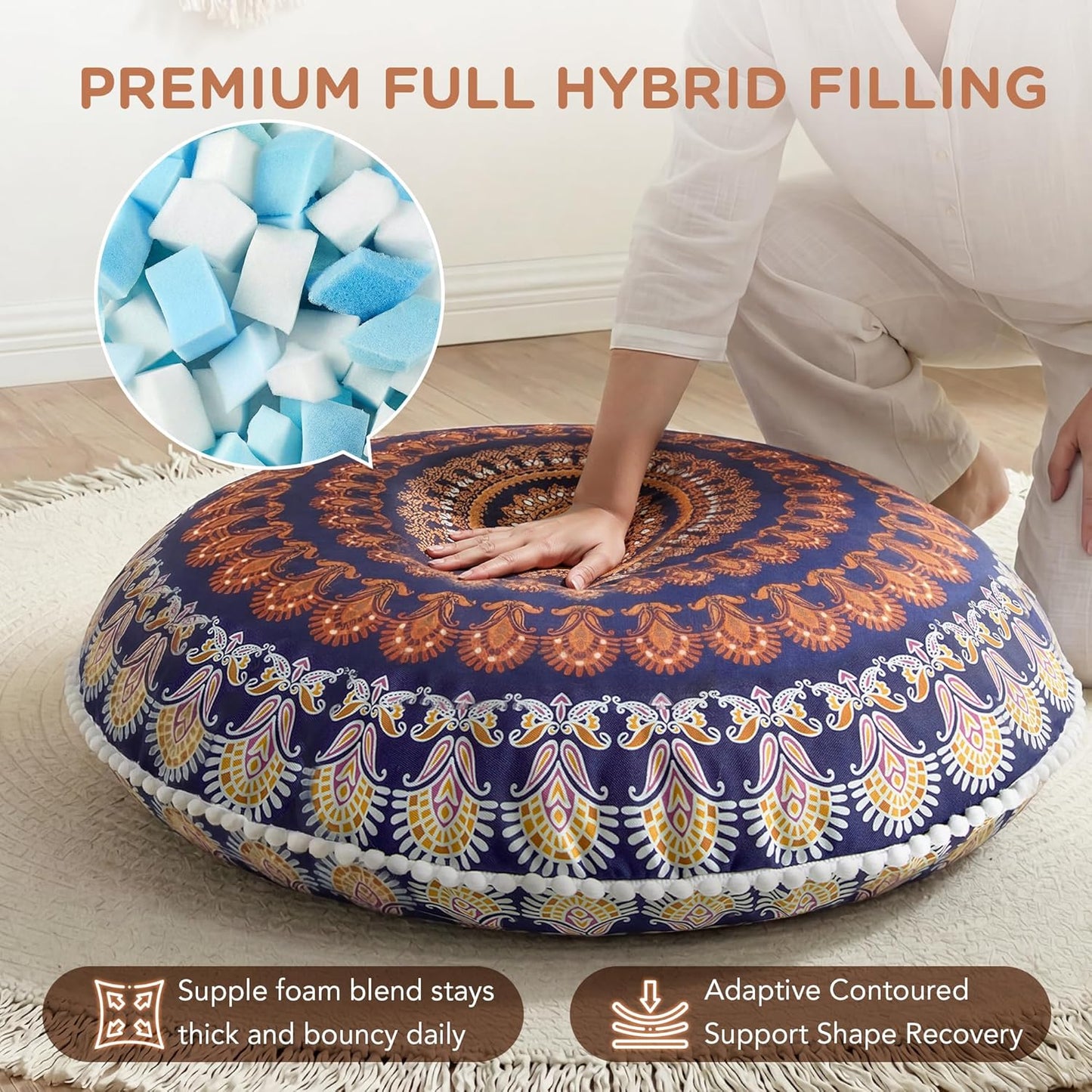 Meditation Floor Pillow Set of 2, Round Large Pillows Seating for Adults, Bohemian Mandala Circle Cushion for Outdoor Fireplace Yoga Living Room, 32 Inch, Memory Foam Added, Purple Orchid NEW