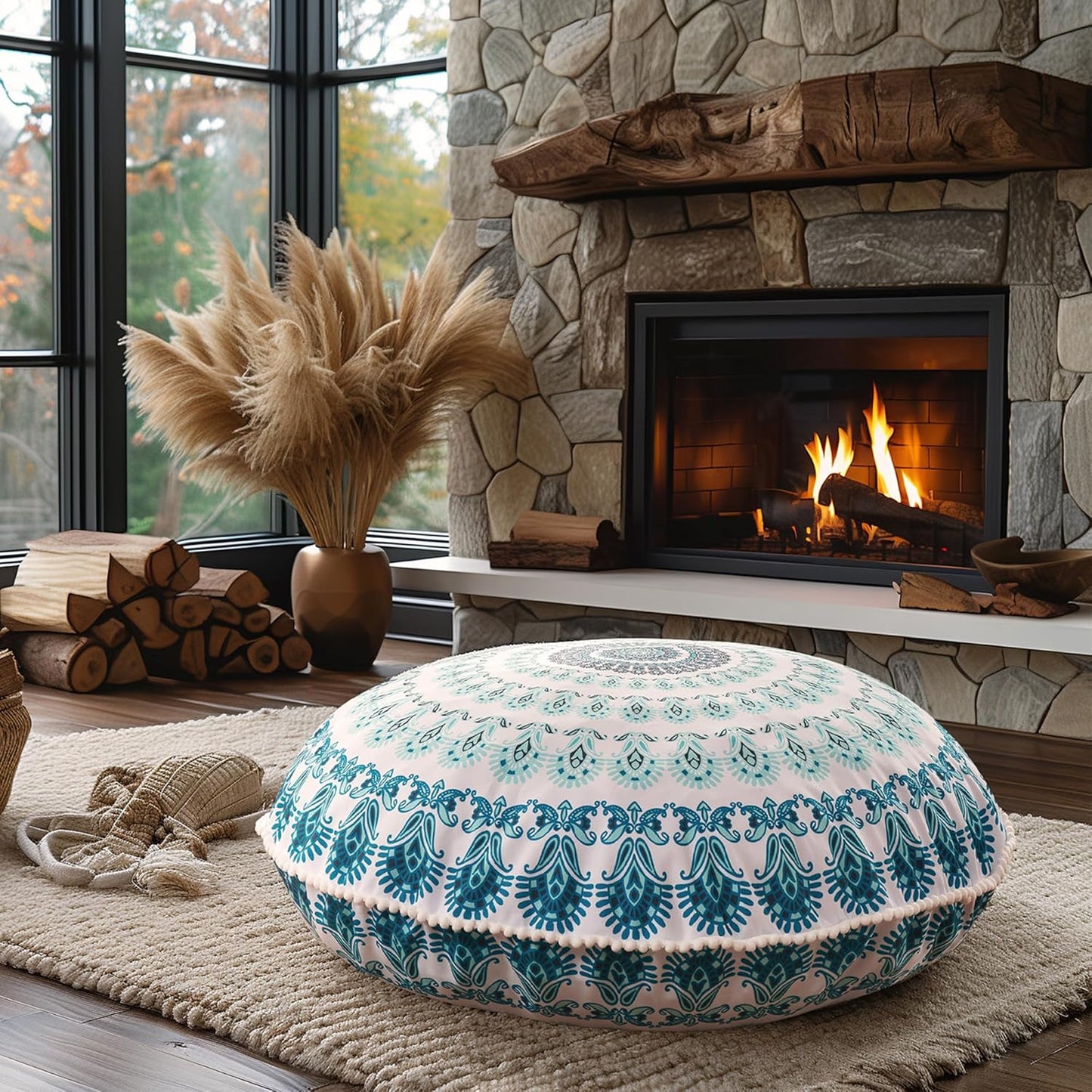 Meditation Floor Pillow Set of 2, Round Large Pillows Seating for Adults, Bohemian Mandala Circle Cushion for Outdoor Fireplace Yoga Living Room, 32 Inch, Memory Foam Added, Purple Orchid NEW