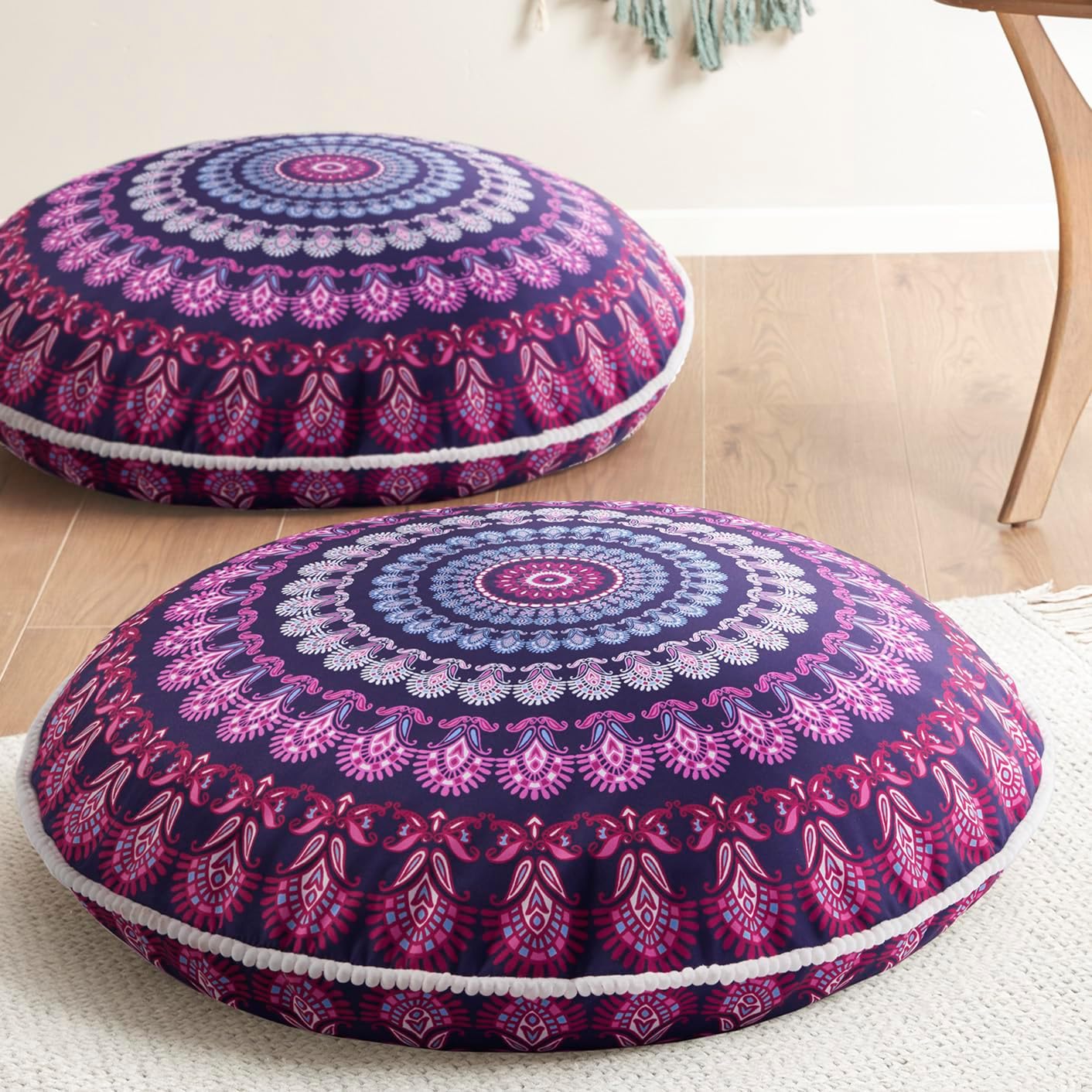 Meditation Floor Pillow Set of 2, Round Large Pillows Seating for Adults, Bohemian Mandala Circle Cushion for Outdoor Fireplace Yoga Living Room, 32 Inch, Memory Foam Added, Purple Orchid NEW