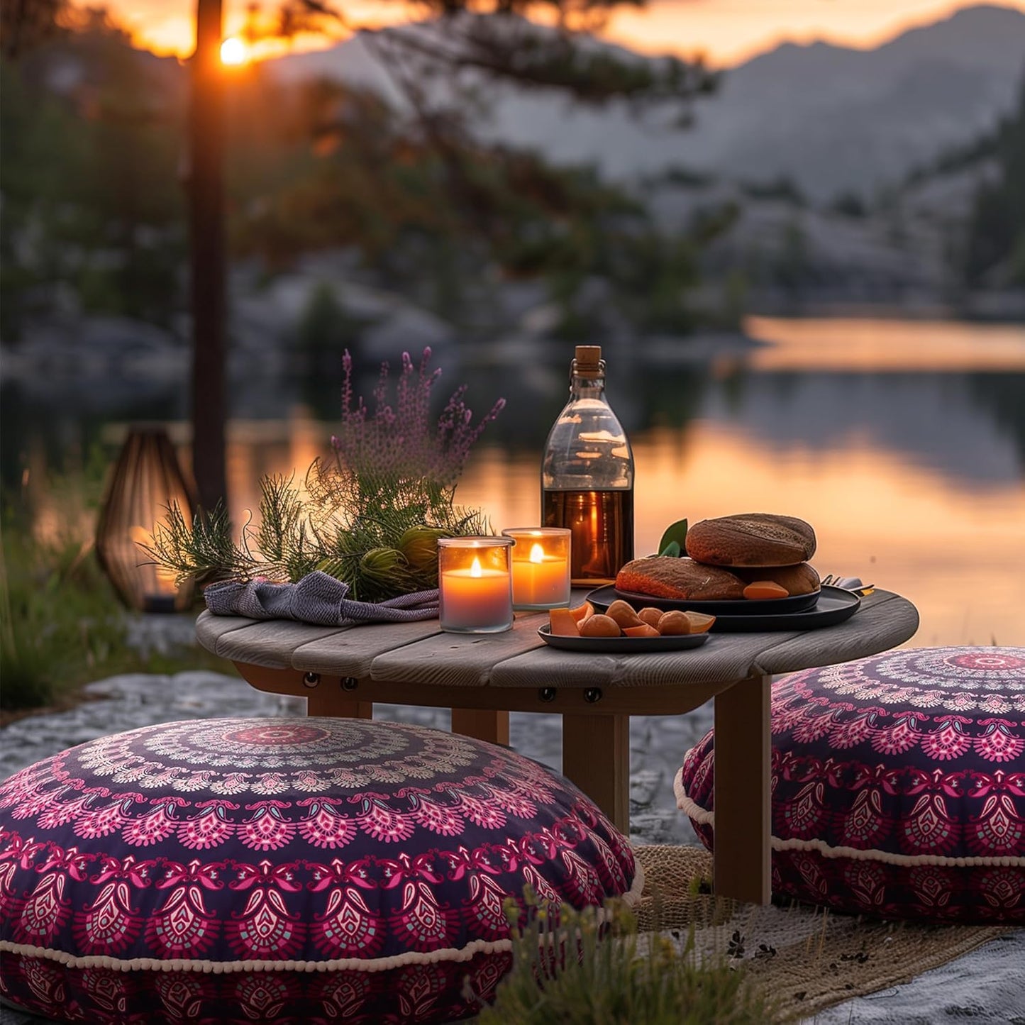 Meditation Floor Pillow Set of 2, Round Large Pillows Seating for Adults, Bohemian Mandala Circle Cushion for Outdoor Fireplace Yoga Living Room, 32 Inch, Memory Foam Added, Purple Orchid NEW