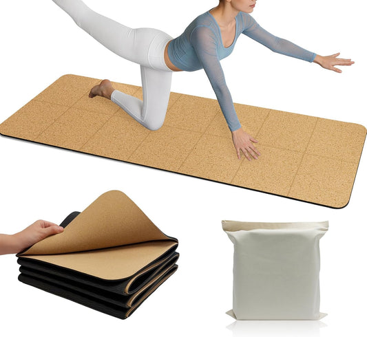 Foldable Cork Yoga Mat 72 * 24 in 4 mm Thick Sweat Resistant with Rubber Base Hot Yoga Mat with Storage Bag Lightweight Grip Mats for Travel and Pilates Fitness Home Workouts