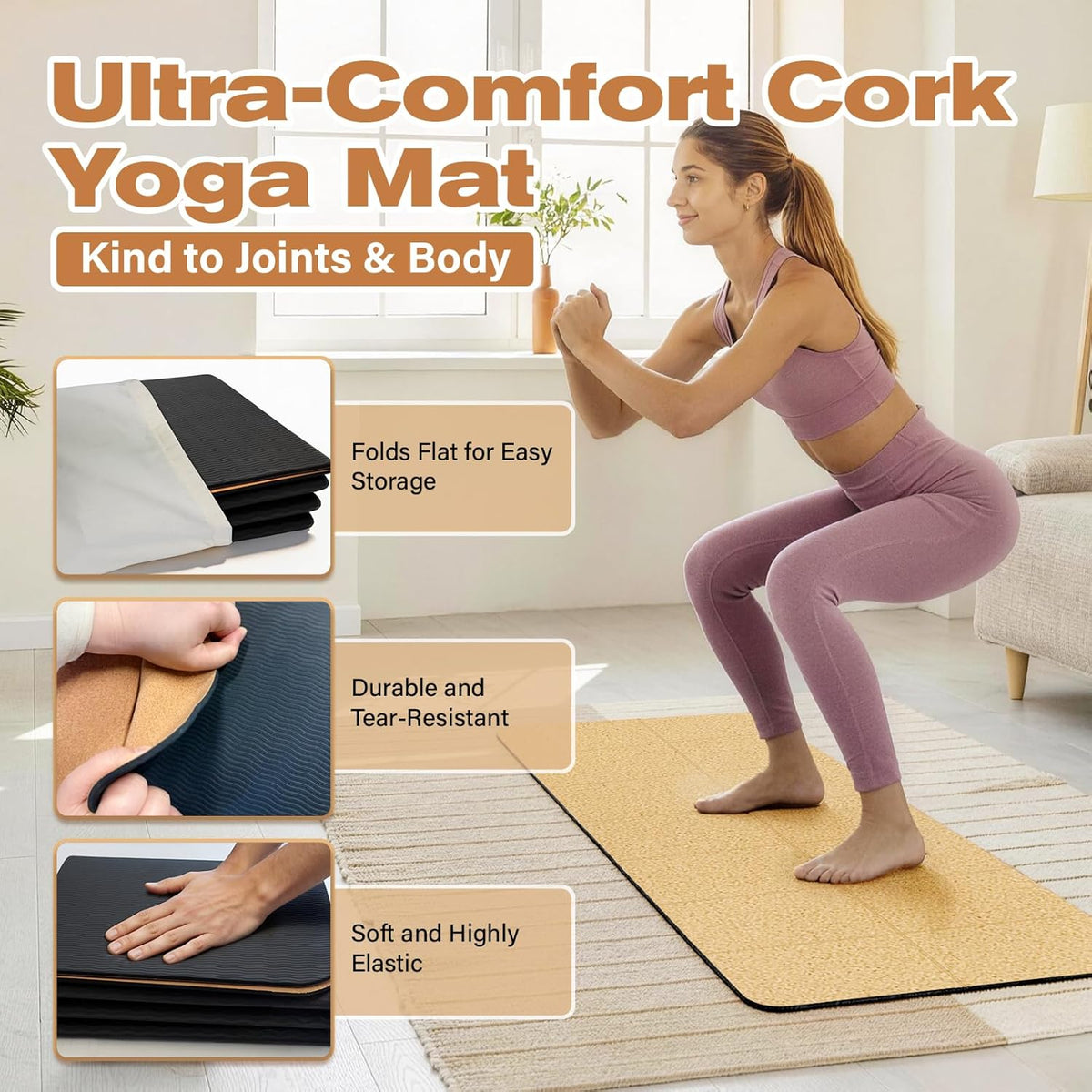 Foldable Cork Yoga Mat 72 * 24 in 4 mm Thick Sweat Resistant with Rubber Base Hot Yoga Mat with Storage Bag Lightweight Grip Mats for Travel and Pilates Fitness Home Workouts