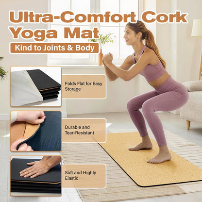 Foldable Cork Yoga Mat 72 * 24 in 4 mm Thick Sweat Resistant with Rubber Base Hot Yoga Mat with Storage Bag Lightweight Grip Mats for Travel and Pilates Fitness Home Workouts