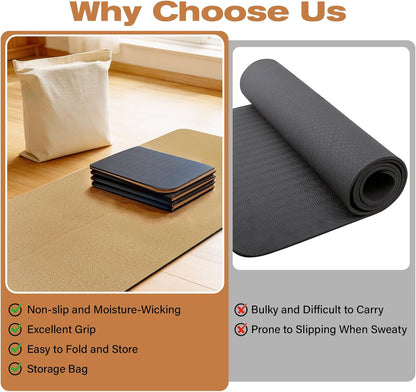 Foldable Cork Yoga Mat 72 * 24 in 4 mm Thick Sweat Resistant with Rubber Base Hot Yoga Mat with Storage Bag Lightweight Grip Mats for Travel and Pilates Fitness Home Workouts