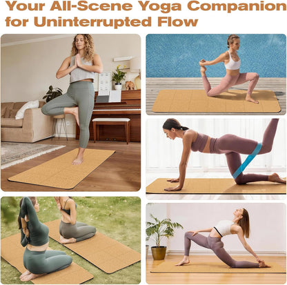 Foldable Cork Yoga Mat 72 * 24 in 4 mm Thick Sweat Resistant with Rubber Base Hot Yoga Mat with Storage Bag Lightweight Grip Mats for Travel and Pilates Fitness Home Workouts