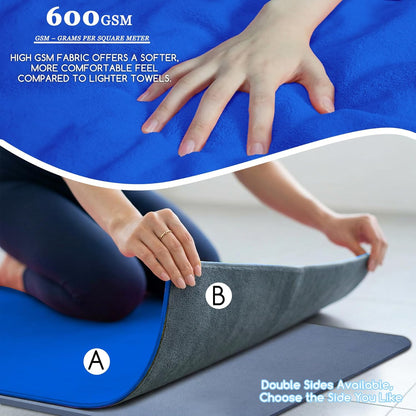Yoga Mat Towel, Extra Thick (600GSM) Soft Hot Yoga Towel, Non-Slip and Sweat Absorbent for Hot Yoga, Bikram, Pilates, and Fitness, 72" x 27.5", Dual-Color, Grey/Blue