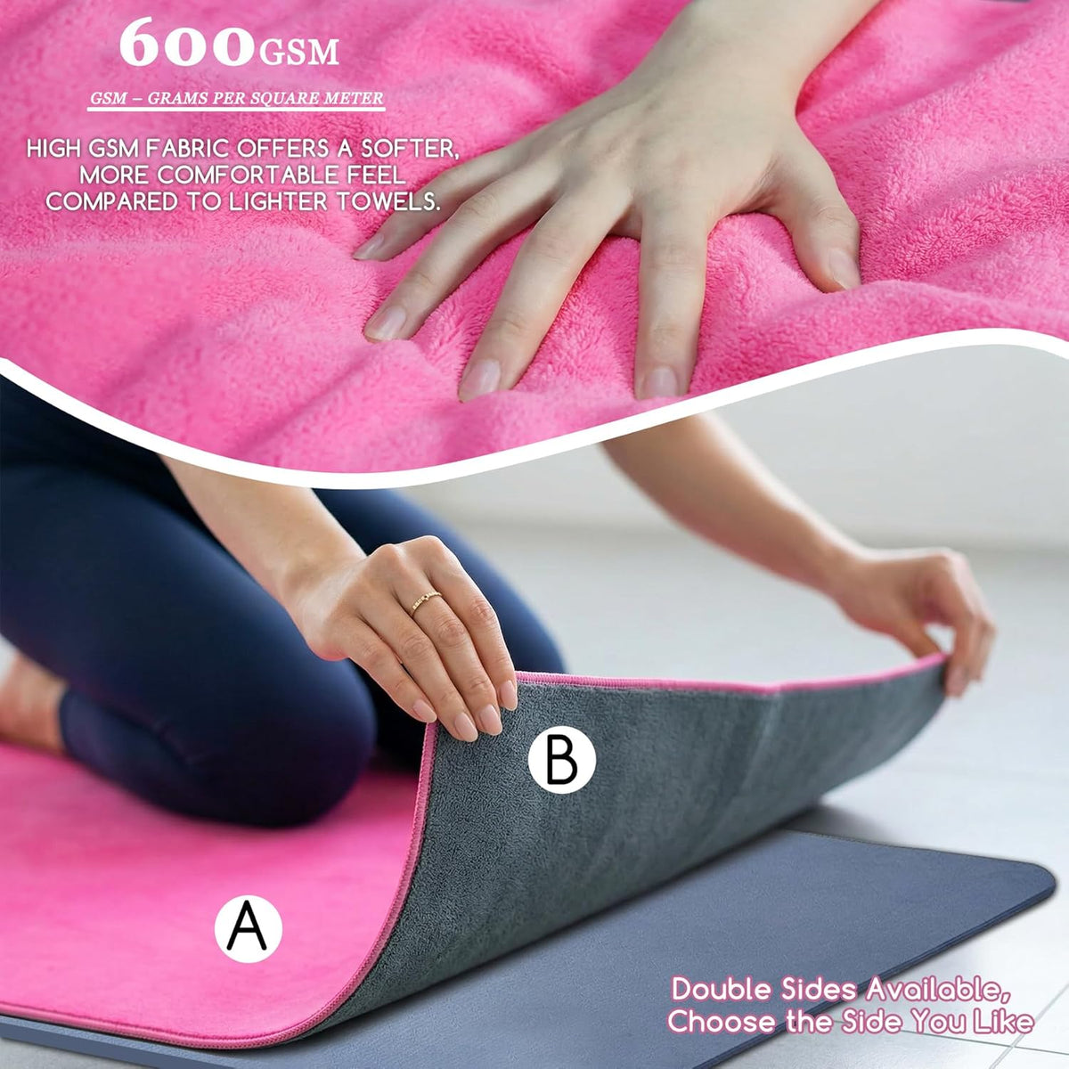 Yoga Mat Towel, Extra Thick (600GSM) Soft Hot Yoga Towel, Non-Slip and Sweat Absorbent for Hot Yoga, Bikram, Pilates, and Fitness, 72" x 27.5", Dual-Color, Grey/Blue