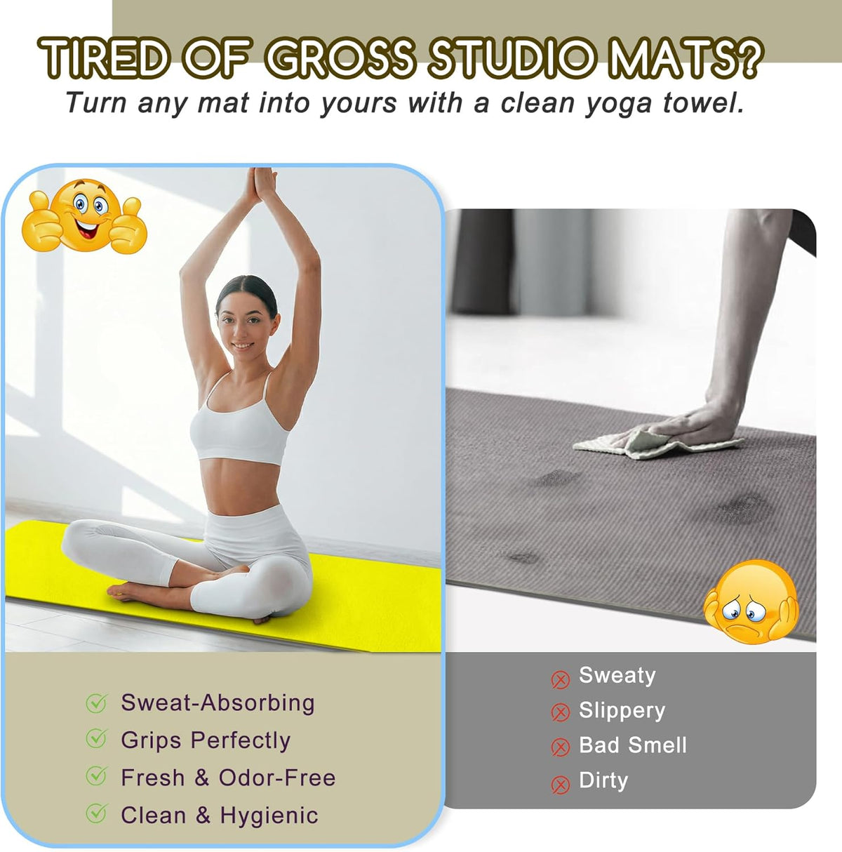 Yoga Mat Towel, Extra Thick (600GSM) Soft Hot Yoga Towel, Non-Slip and Sweat Absorbent for Hot Yoga, Bikram, Pilates, and Fitness, 72" x 27.5", Dual-Color, Grey/Blue
