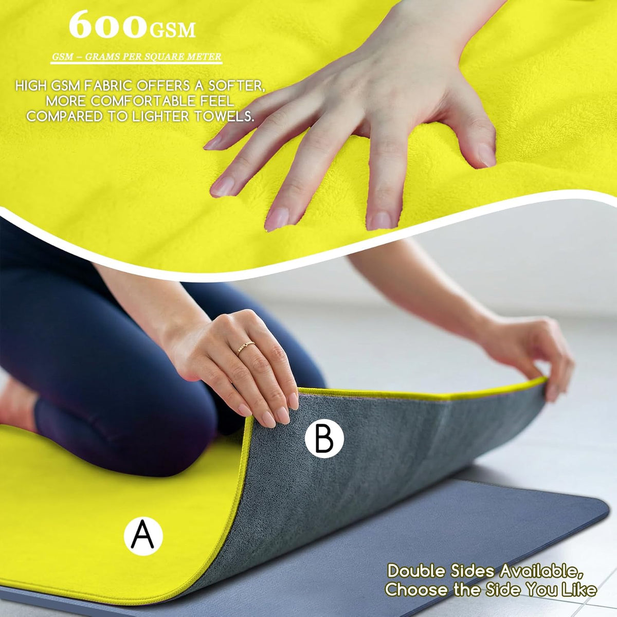 Yoga Mat Towel, Extra Thick (600GSM) Soft Hot Yoga Towel, Non-Slip and Sweat Absorbent for Hot Yoga, Bikram, Pilates, and Fitness, 72" x 27.5", Dual-Color, Grey/Blue