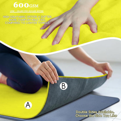 Yoga Mat Towel, Extra Thick (600GSM) Soft Hot Yoga Towel, Non-Slip and Sweat Absorbent for Hot Yoga, Bikram, Pilates, and Fitness, 72" x 27.5", Dual-Color, Grey/Blue