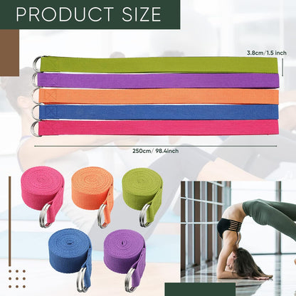 10 Pcs Yoga Strap 8ft Yoga Stretching Exercise Band Stretching Belt with Adjustable Metal D Ring Buckle Loop for Pilates, Dance, Physical Therapy, Gym Workout