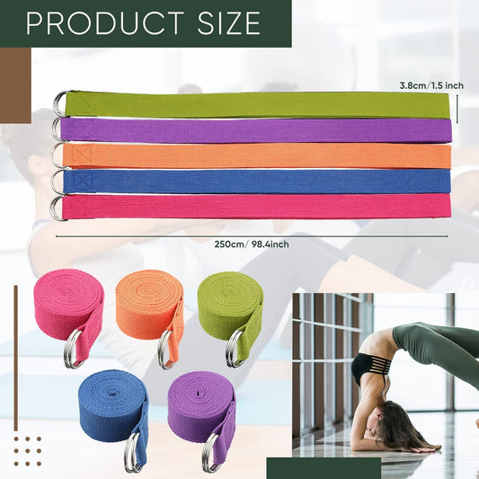 10 Pcs Yoga Strap 8ft Yoga Stretching Exercise Band Stretching Belt with Adjustable Metal D Ring Buckle Loop for Pilates, Dance, Physical Therapy, Gym Workout